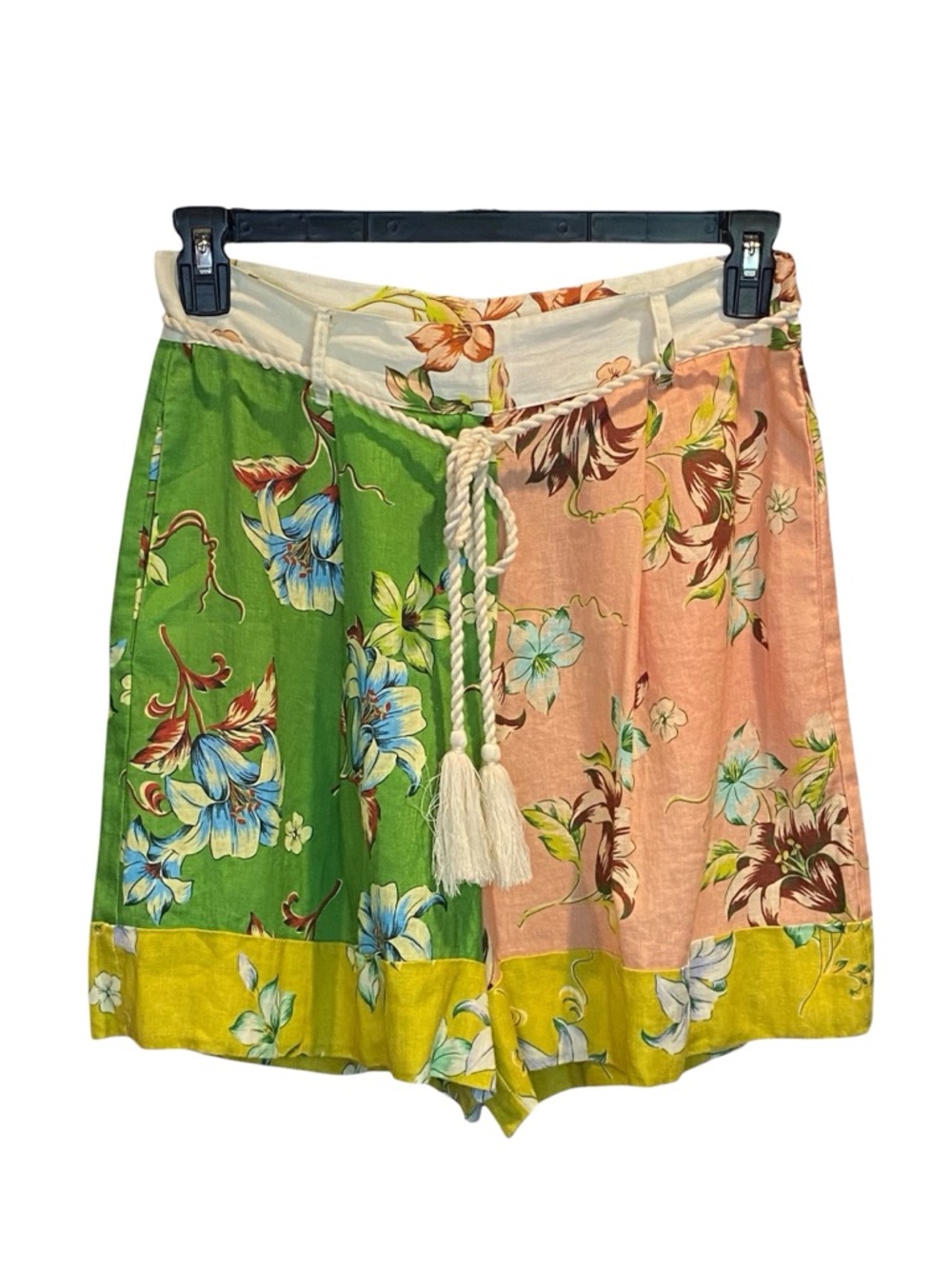 Magaschoni Floral Print Linen High Rise Belted Shorts Boho Womens Size 8 NWT